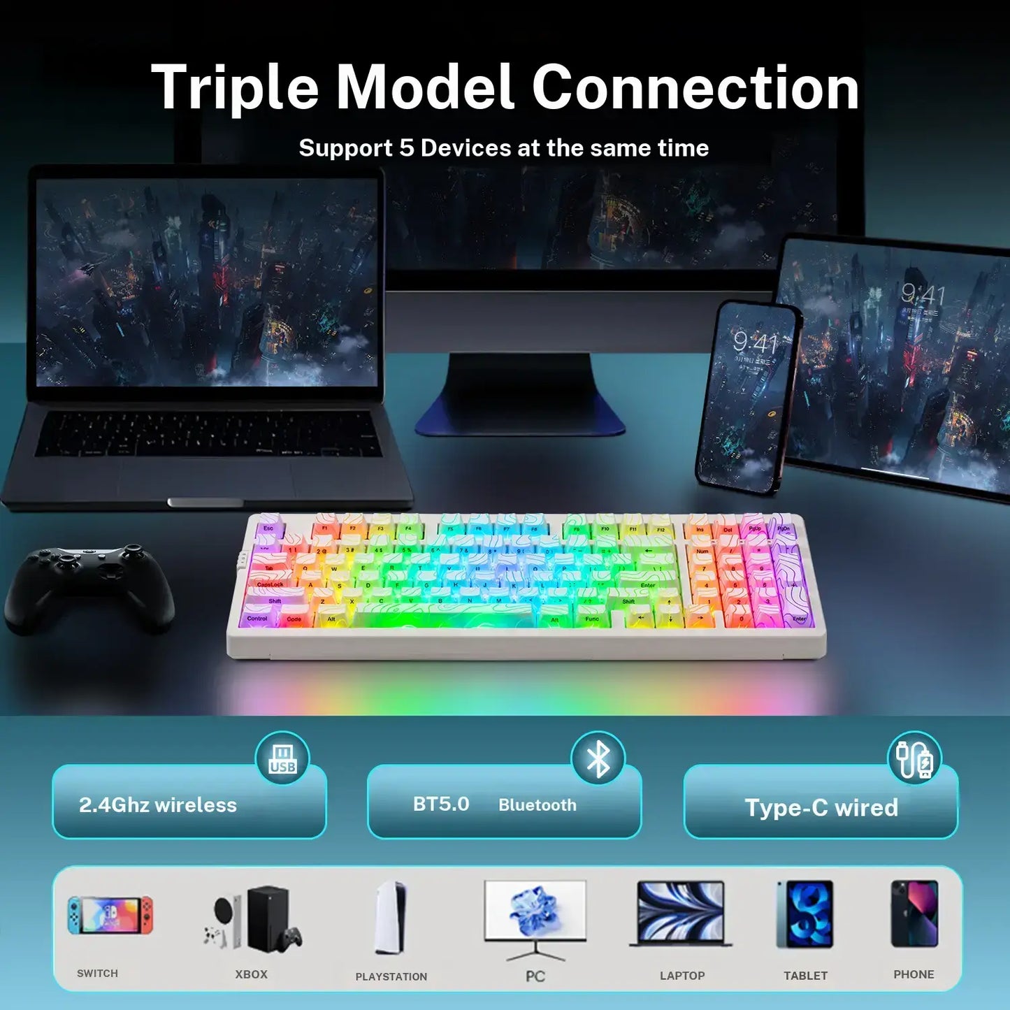 ZORNHER ZH980 95% Wireless Bluetooth Mechanical Gaming Keyboard, Black, Hot Swappable, Clicky, RGB Backlit, 2.4Ghz/Usb-C/Bt5.0, IMD Technology, Computer Peripherals, Gaming Items, Father'S Day Gift Idea, Back to School Shopping