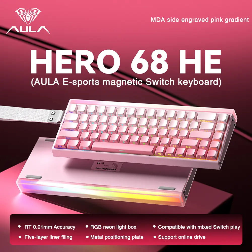 [New]Aula Hero 68 Wired Hall Effect Magnetic Switch Mechanical Gaming Keyboard, Tri-Mode Side Engraved Keycap 65% Layout,Rt 0.01, Extreme Response, RGB Backlit, Web Driver, 8K Returns, Hot Swappable E-Sport Gaming Accessories PC Accessories Computer Perip
