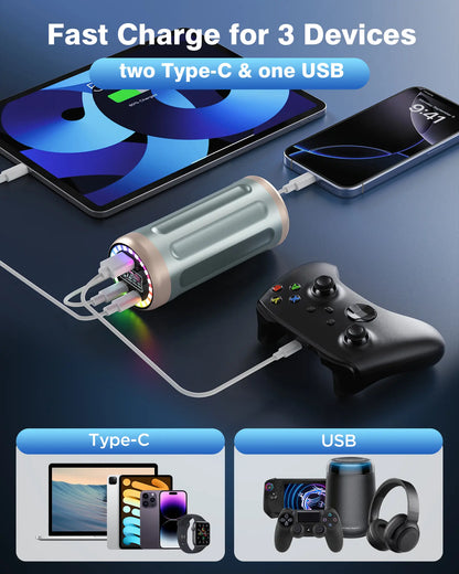 VIGOUC 32,450mAh High-Capacity Mobile Power Bank - PD 22.5W Fast Charging, RGB Lighting, TFT Display, Triple Output, USB Compatibility for Smartphones, iPhone 17/16/15, Samsung, and Other Digital Devices (Ideal for Camping and Emergency Use)