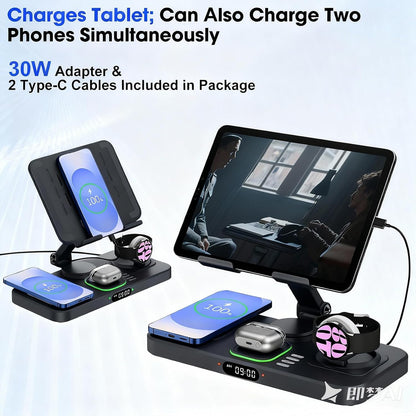 30W Tablet Wireless Charger for Samsung, Foldable Android Charging Station with Clock Display with 7-Color Light, Wireless Watch Charger for S25, Only Compatible Samsung Watch, Galaxy Buds3 Pro(Black)