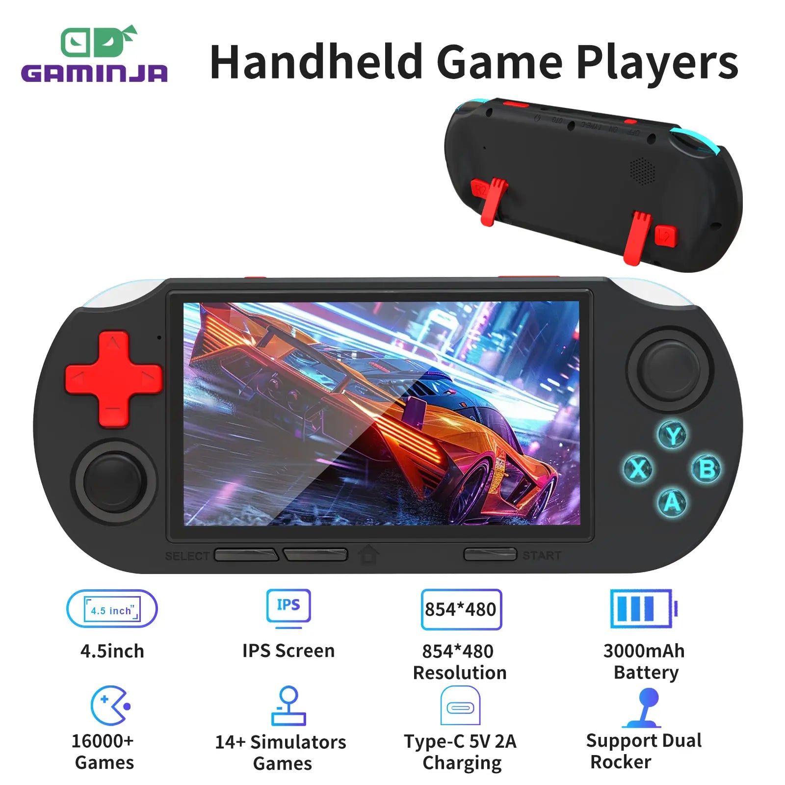 YLW ANS16 Handheld Retro Gaming Console 4.5-Inch IPS Screen 64GB Memory 16000 Games 14 Emulators RGB Lights 3000Mah Battery Portable Gift Compact Outdoorfun