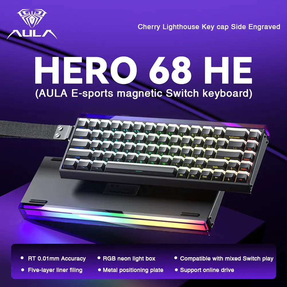 [New]Aula Hero 68 Wired Hall Effect Magnetic Switch Mechanical Gaming Keyboard, Tri-Mode Side Engraved Keycap 65% Layout,Rt 0.01, Extreme Response, RGB Backlit, Web Driver, 8K Returns, Hot Swappable E-Sport Gaming Accessories PC Accessories Computer Perip