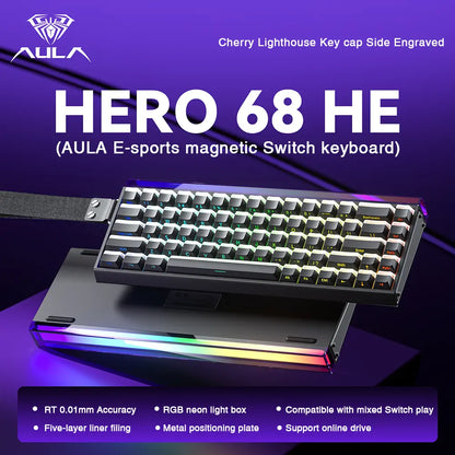 [New]Aula Hero 68 Wired Hall Effect Magnetic Switch Mechanical Gaming Keyboard, Tri-Mode Side Engraved Keycap 65% Layout,Rt 0.01, Extreme Response, RGB Backlit, Web Driver, 8K Returns, Hot Swappable E-Sport Gaming Accessories PC Accessories Computer Perip
