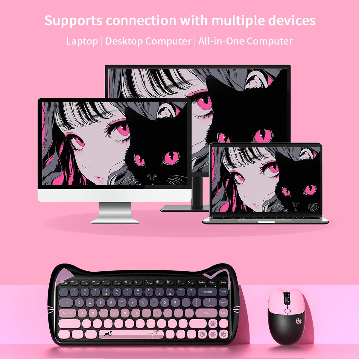 Mofii Adorable Cat-Themed Wireless Keyboard and Mouse Set - Ergonomic Design, Ambidextrous, US QWERTY, Optical Tracking