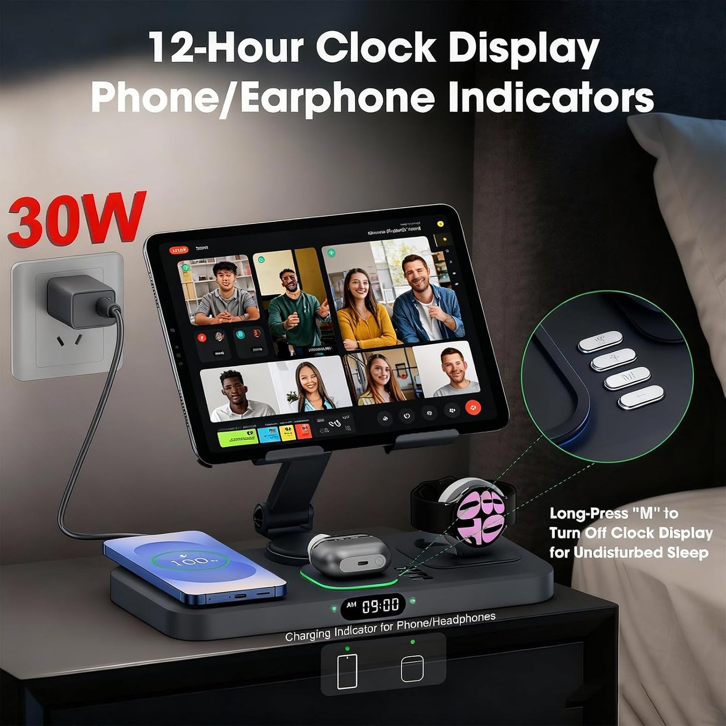 30W Tablet Wireless Charger for Samsung, Foldable Android Charging Station with Clock Display with 7-Color Light, Wireless Watch Charger for S25, Only Compatible Samsung Watch, Galaxy Buds3 Pro(Black)
