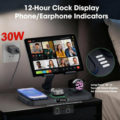 30W Tablet Wireless Charger for Samsung, Foldable Android Charging Station with Clock Display with 7-Color Light, Wireless Watch Charger for S25, Only Compatible Samsung Watch, Galaxy Buds3 Pro(Black)