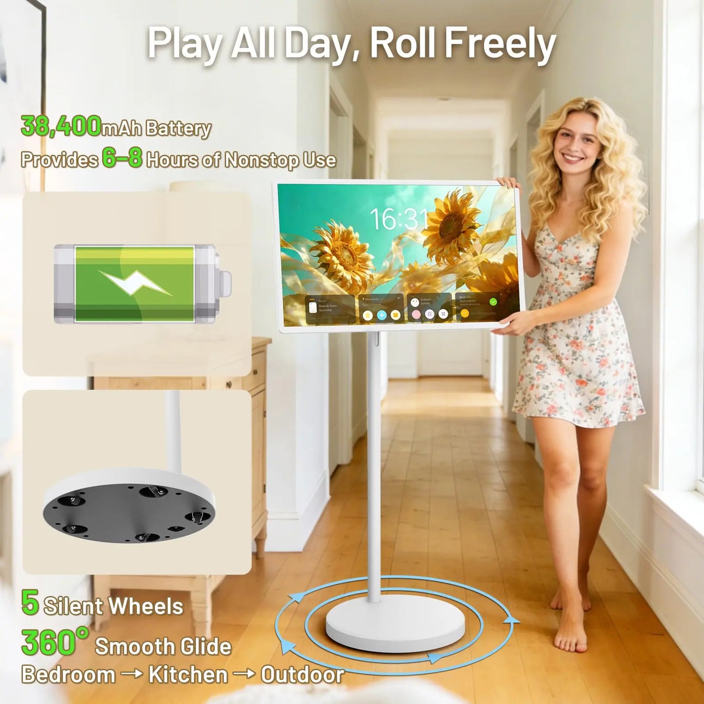 KEFEYA 32-Inch Portable Smart TV - 1080P Full HD Touch Screen, Rechargeable Android 15, 8G RAM, 128G Storage, 360° Swivel, All-Day Battery, Perfect for Backyard Gatherings & Video Playback!