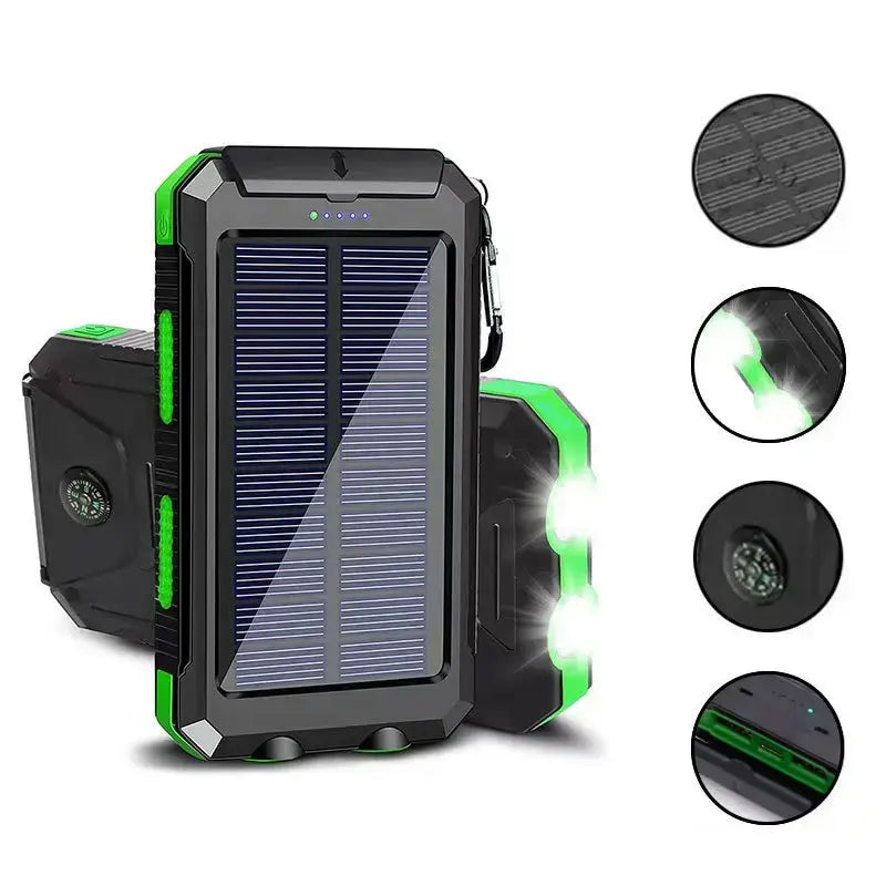 10000Mah Compact Durable Solar Power Bank - Handy Digital Device Accessories, Multi-Use Portable Charger with Dual USB-A Outputs, Flashlight, Compass, Carabiner, Waterproof Tools and Gadgets for Outdoor Activities, Android Phones