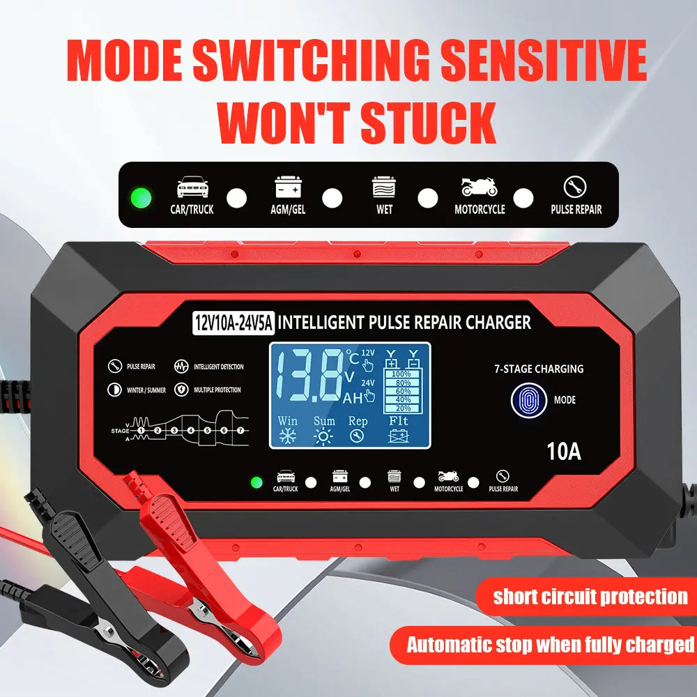12V 10A-24V 5A Full Auto Fast Car Battery Charger - Intelligent Pulse Repair Replenisher with LCD Screen, Multifunctional for Cars, Trucks, Marine Batteries