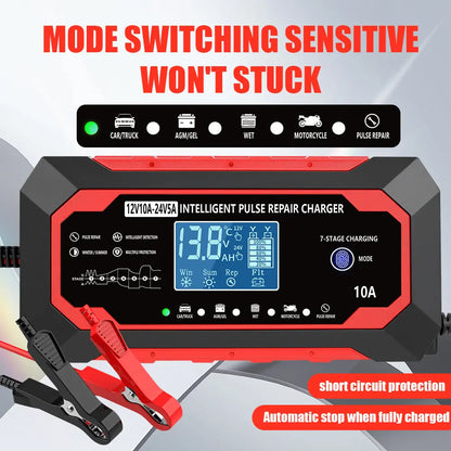 12V 10A-24V 5A Full Auto Fast Car Battery Charger - Intelligent Pulse Repair Replenisher with LCD Screen, Multifunctional for Cars, Trucks, Marine Batteries