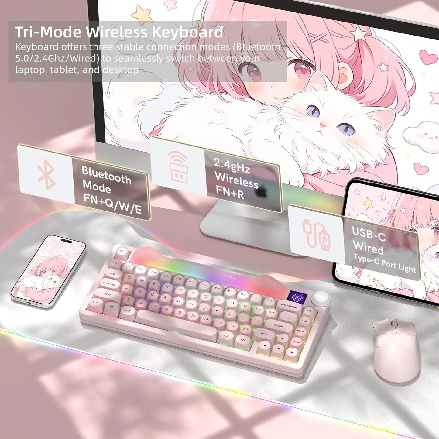 Womier K80 75% Mechanical Keyboard with Screen and Knob, Retro Creamy Wireless Bluetooth Gaming Keyboard Custom Clear Anime Light Box, Rgb/Hot Swappable/Pbt Keycaps, via Programmable for Mac/Pc
