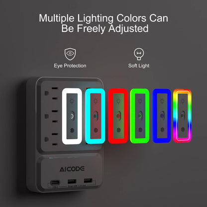 Outlet Extender with USB C, Multi Outlet Surge Protector with Nightlight, 6 Outlet Wall Plug with USB (3 USB a & 1 USB C), Wall Mount Multiple Plug Outlet Power Strip for Home, Dorm, Office