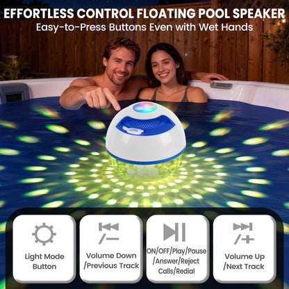 White 2-In-1 IP68 Waterproof Floating Bluetooth Speaker - Colorful LED Light, 360° Surround Stereo Audios, Hands-Free Portable Wireless Speaker with Charging & Connection Support for Pool, Hot Tub, Bass Speakers