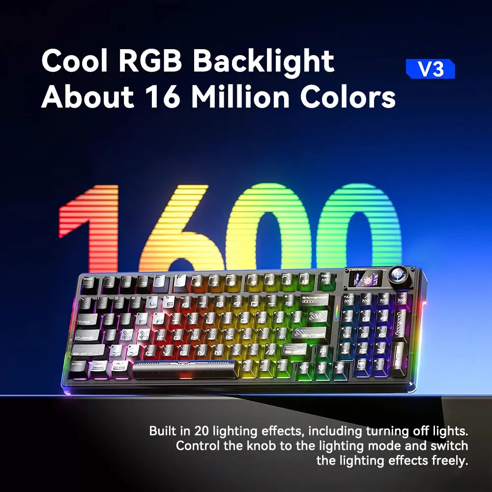 AULA F98 Pro V3 White Transparent Full-Size Illuminated RGB Backlighting Gaming Keyboard with Number Pad, 10000Mah Battery, TFT Smart Screen & Knob, Tri-Mode Bluetooth/2.4G/Usb-C, Hot Swappable Gasket, Wireless Mechanical, Keyboards, Gaming Keyboards