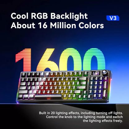 AULA F98 Pro V3 White Transparent Full-Size Illuminated RGB Backlighting Gaming Keyboard with Number Pad, 10000Mah Battery, TFT Smart Screen & Knob, Tri-Mode Bluetooth/2.4G/Usb-C, Hot Swappable Gasket, Wireless Mechanical, Keyboards, Gaming Keyboards