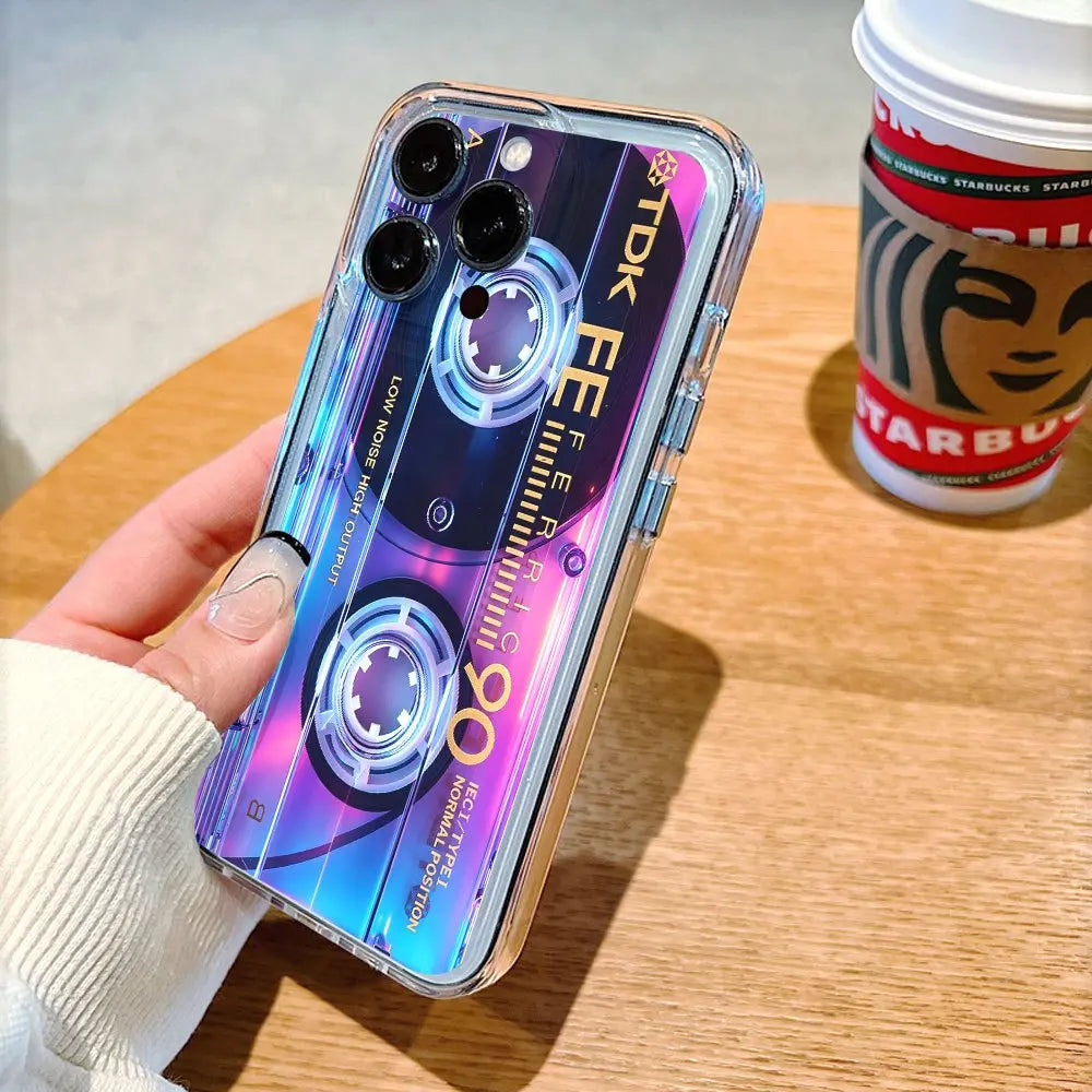 Phone Case: Neon Glow TDK Cassette-Style Transparent TPU Soft Silicone Case, Compatible with Iphone 17/15/16/14/13/12/11 Pro Max plus and 12/13 Mini; Made of TPU, This Case Offers Drop, Shock, and Scratch Protection.