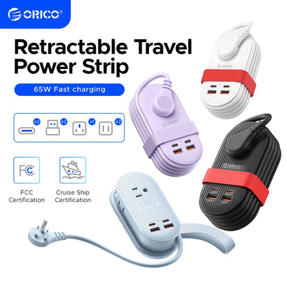 ORICO 7-In-1 Travel Power Strip - 65W Fast Charging with 2 Outlets & 4 USB Ports - Perfect Compact Multi-Device Charger for Cruises & Dorms - Ideal Mother's Day Gift