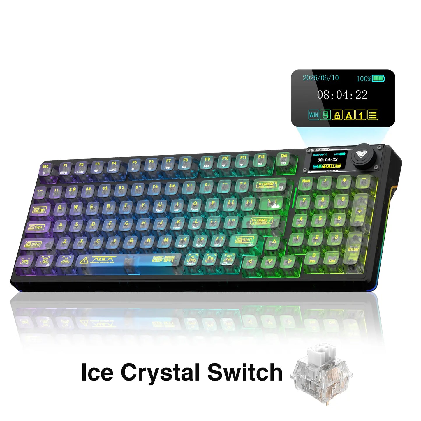 AULA F98 Pro V3 White Transparent Full-Size Illuminated RGB Backlighting Gaming Keyboard with Number Pad, 10000Mah Battery, TFT Smart Screen & Knob, Tri-Mode Bluetooth/2.4G/Usb-C, Hot Swappable Gasket, Wireless Mechanical, Keyboards, Gaming Keyboards