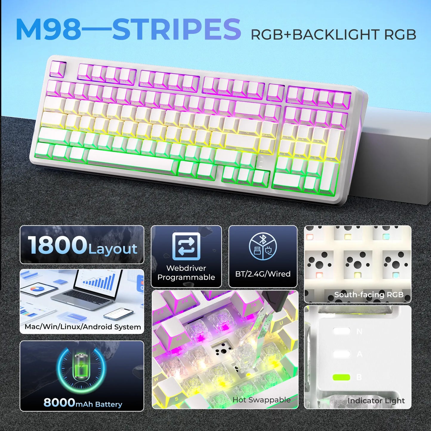 XVX M98 Tri-Mode Wireless Mechanical Keyboard with Number Pad, Bt5.0/2.4Ghz/Usb-C, Pre-Lubed Switches, Gasket Structure, Hot Swappable Custom Creamy Keyboard, 8000Mah, Gaming Keyboard, Office Keyboard, RGB Backlit, Keyboard for Work Tiktokshopbacktoschoo