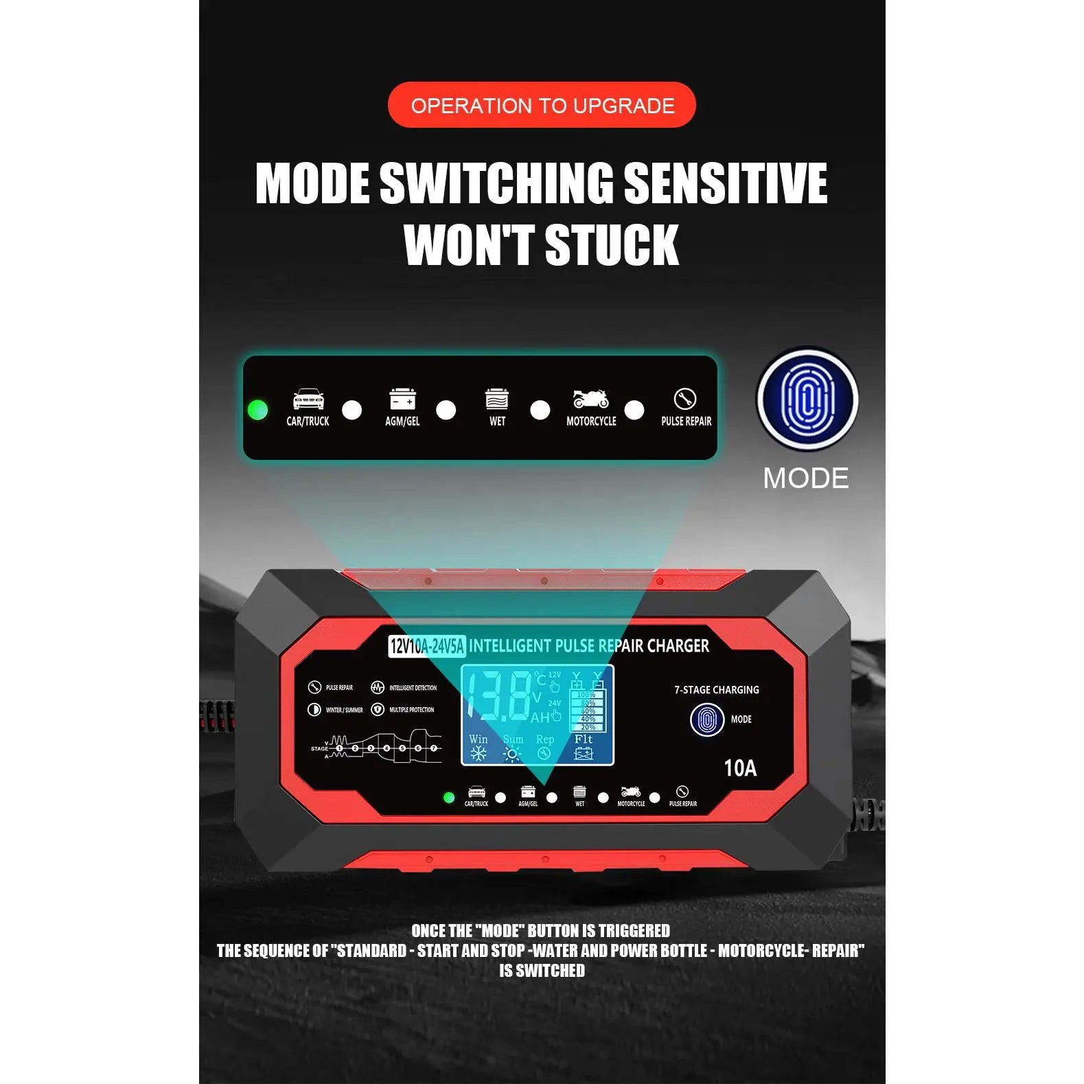 12V 10A-24V 5A Full Auto Fast Car Battery Charger - Intelligent Pulse Repair Replenisher with LCD Screen, Multifunctional for Cars, Trucks, Marine Batteries