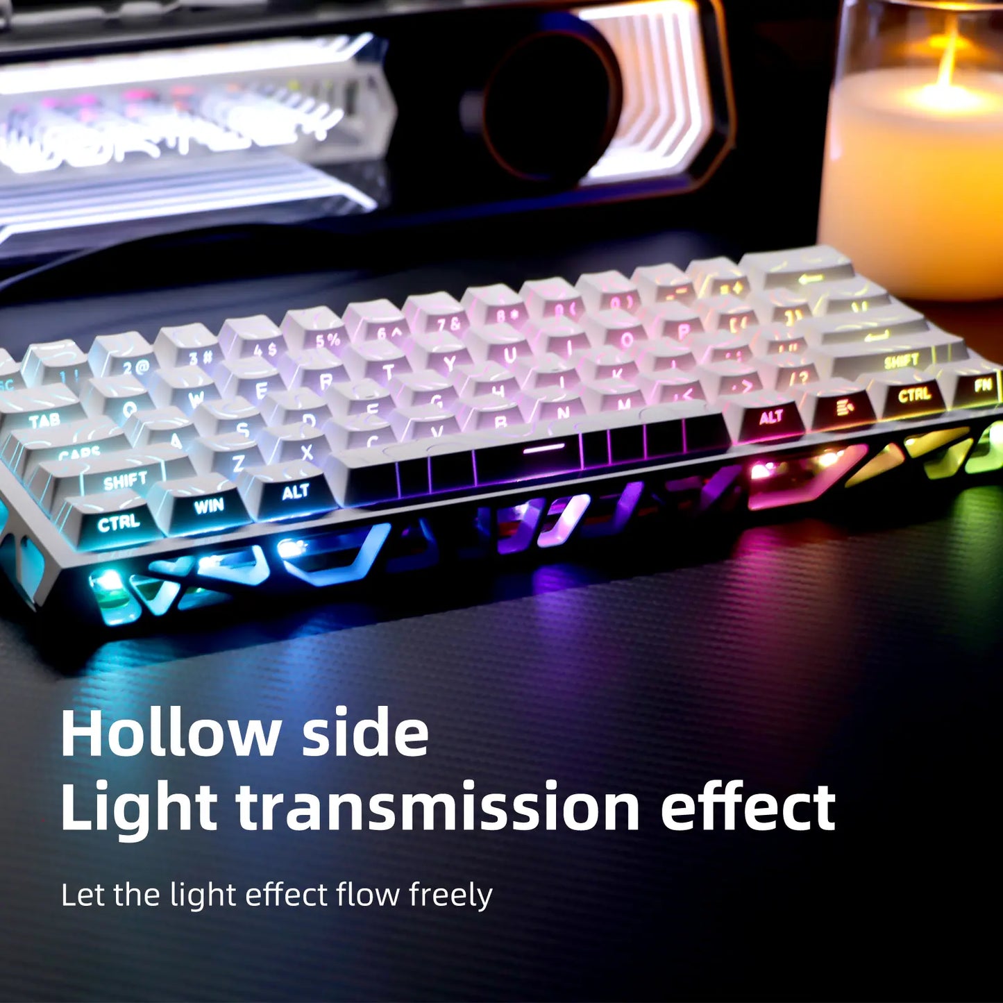 61-Key Gaming Keyboard — Desktop Setup: Gradient Color Scheme, Hot-Swappable Hollow Design, RGB Backlighting, Ultra-Compact Wired Design, Red Switches, Compatible with Windows/Macos, Suitable for Office and Gaming