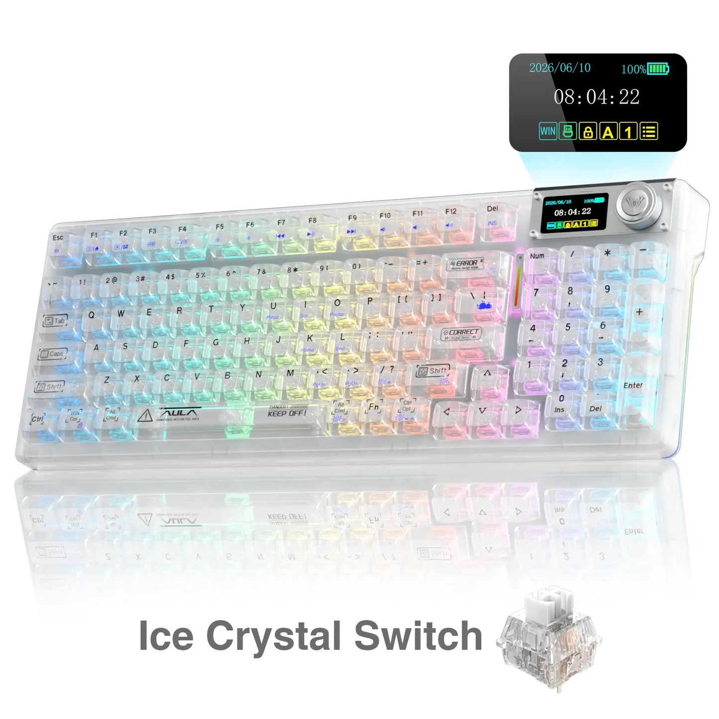 AULA F98 Pro V3 White Transparent Full-Size Illuminated RGB Backlighting Gaming Keyboard with Number Pad, 10000Mah Battery, TFT Smart Screen & Knob, Tri-Mode Bluetooth/2.4G/Usb-C, Hot Swappable Gasket, Wireless Mechanical, Keyboards, Gaming Keyboards