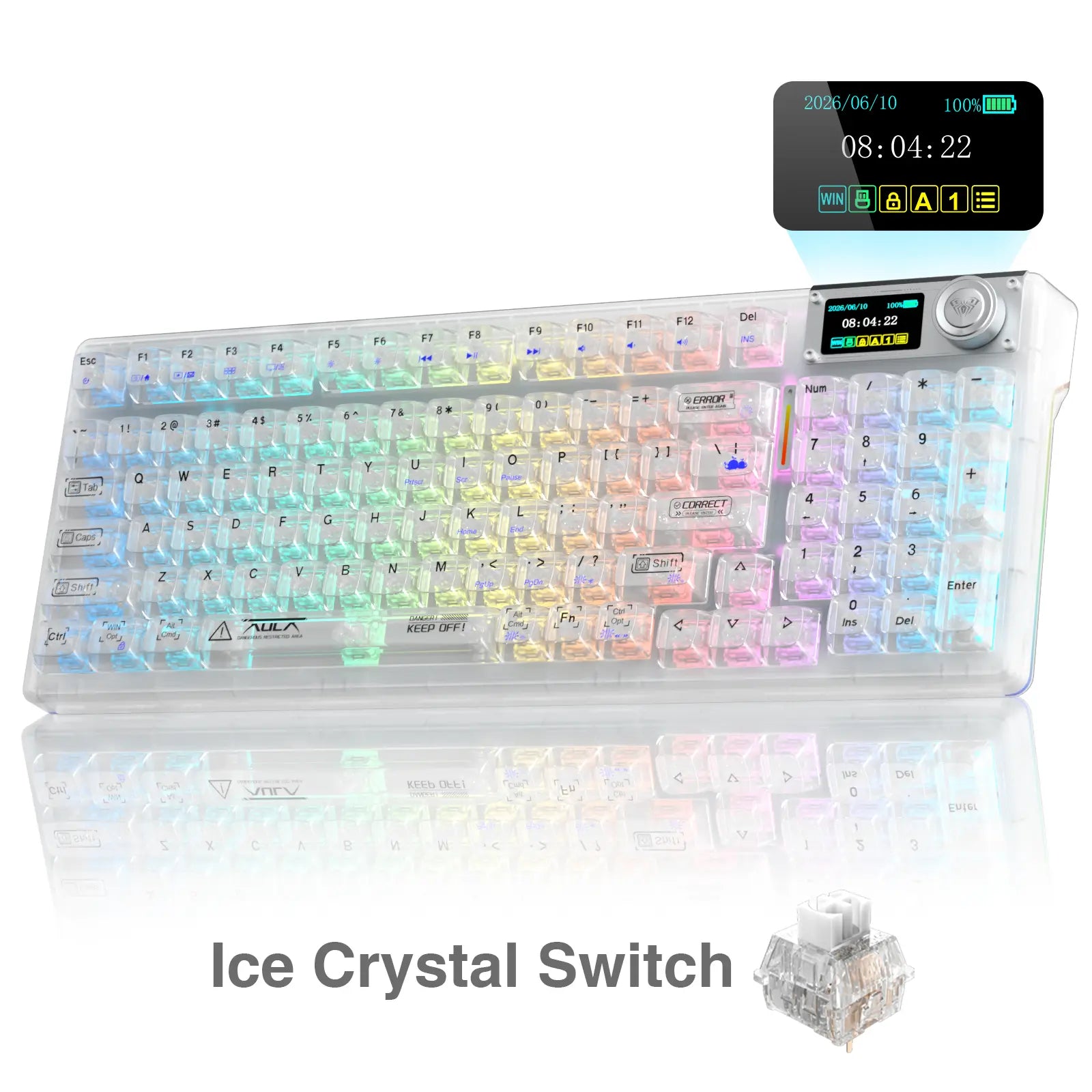 AULA F98 Pro V3 White Transparent Full-Size Illuminated RGB Backlighting Gaming Keyboard with Number Pad, 10000Mah Battery, TFT Smart Screen & Knob, Tri-Mode Bluetooth/2.4G/Usb-C, Hot Swappable Gasket, Wireless Mechanical, Keyboards, Gaming Keyboards