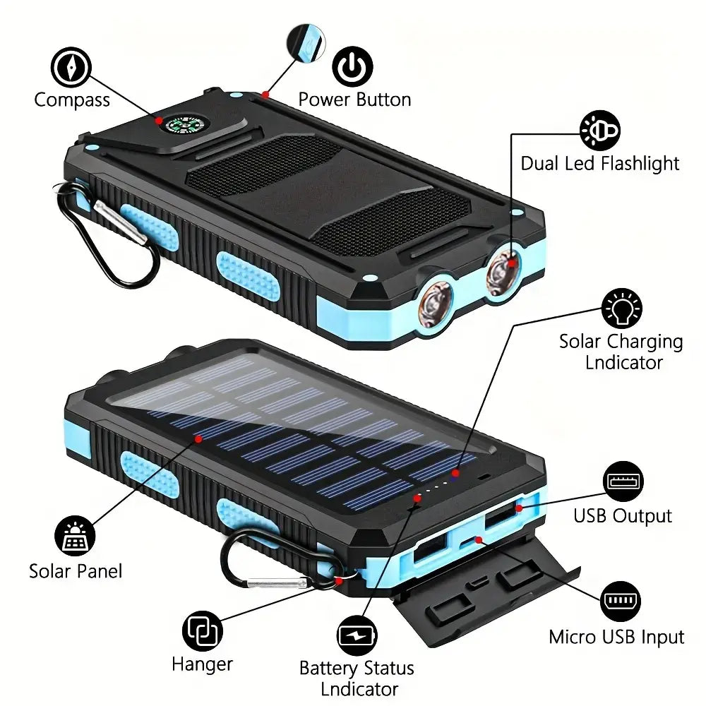 10000Mah Compact Durable Solar Power Bank - Handy Digital Device Accessories, Multi-Use Portable Charger with Dual USB-A Outputs, Flashlight, Compass, Carabiner, Waterproof Tools and Gadgets for Outdoor Activities, Android Phones