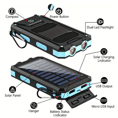 10000Mah Compact Durable Solar Power Bank - Handy Digital Device Accessories, Multi-Use Portable Charger with Dual USB-A Outputs, Flashlight, Compass, Carabiner, Waterproof Tools and Gadgets for Outdoor Activities, Android Phones