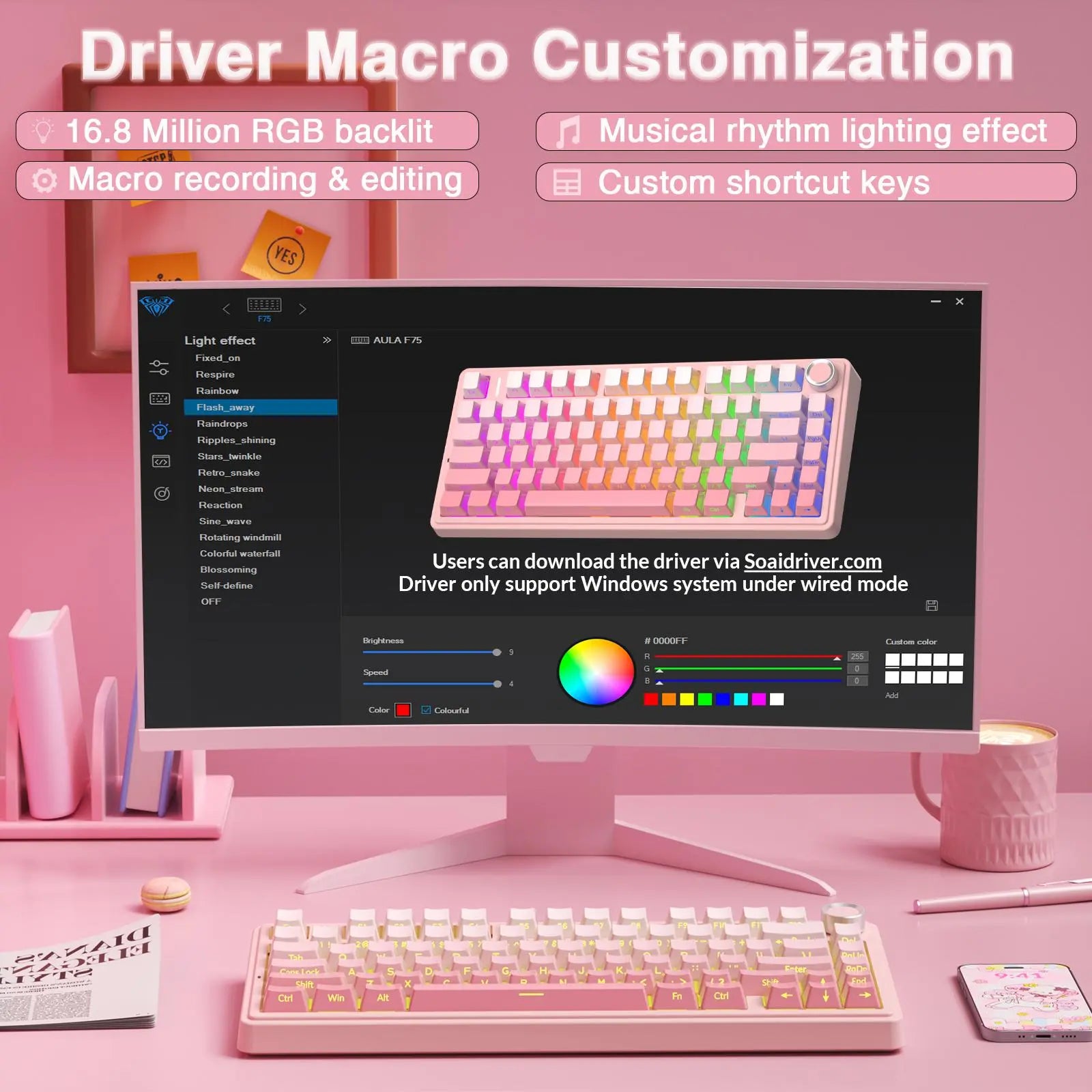 AULA F75 Pro Pink Aesthetic Bluetooth Keyboard - Creamy Silent Mechanical Keyboard with 3-Side Glow RGB Keycaps, Customizable Switches for Cute Desk Setup, Creamy Keyboard,Back to School,Back to School Haul