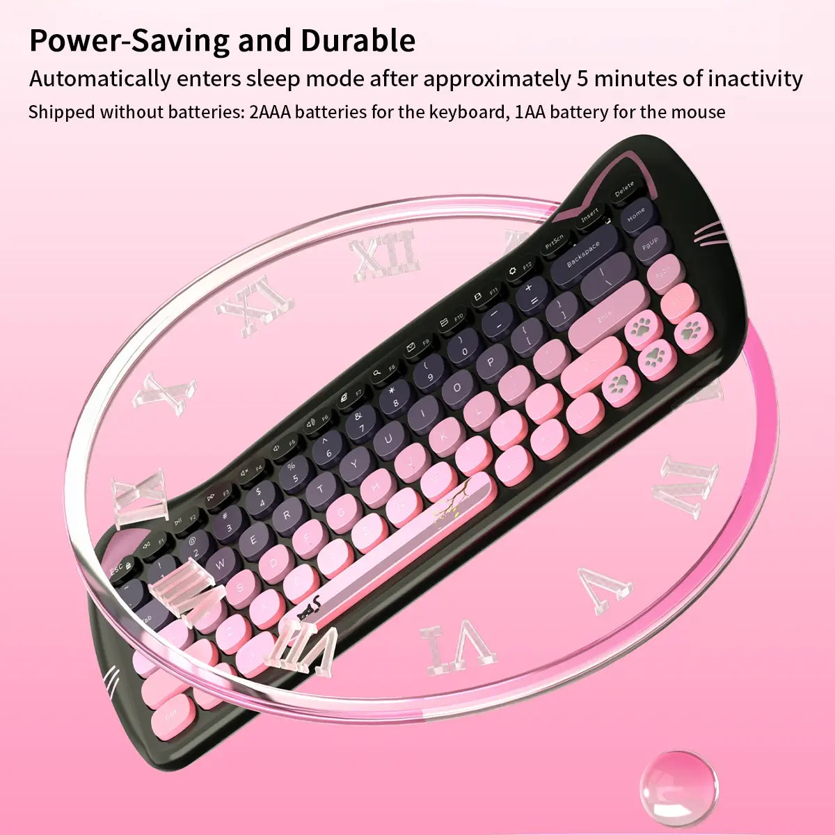 Mofii Adorable Cat-Themed Wireless Keyboard and Mouse Set - Ergonomic Design, Ambidextrous, US QWERTY, Optical Tracking