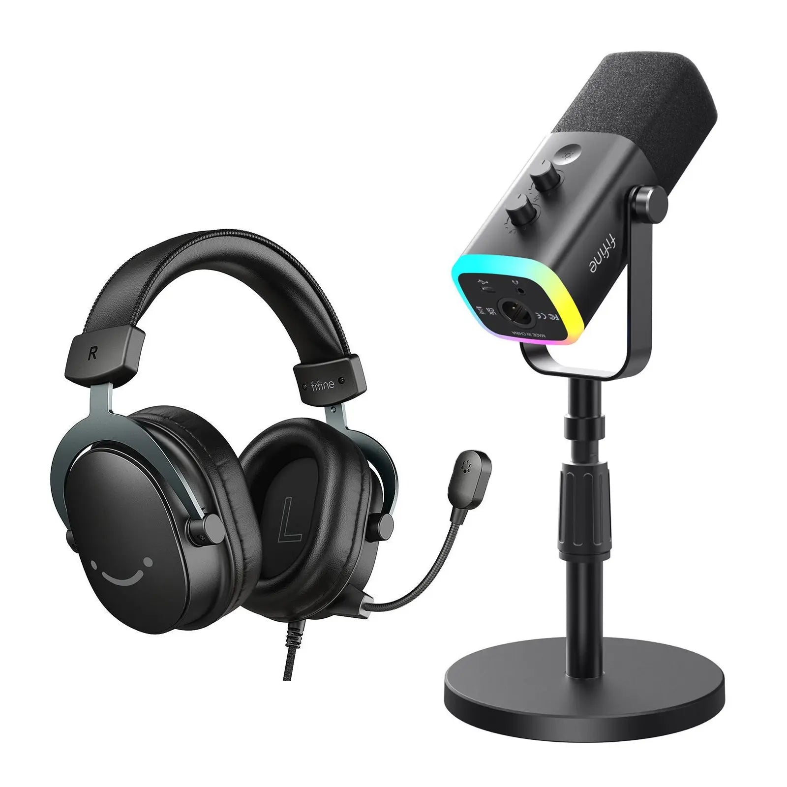 Fifine Dynamic Microphone and Gaming Headset Bundle, 3.5Mm/Usb Wired Headset for PC/PS5/PS4, USB/XLR Podcast Recording Mic with RGB, Mute Button, Real-Time Monitoring for Vocal Youtube (Fifine H9+AM8)