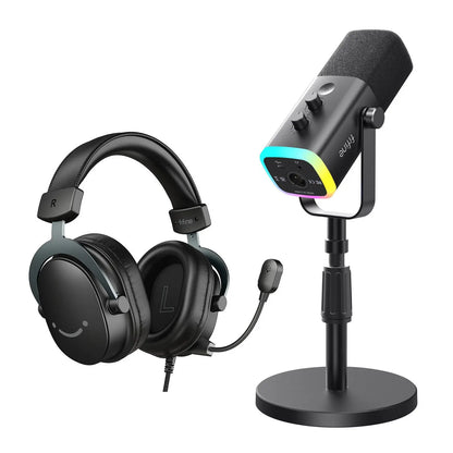 Fifine Dynamic Microphone and Gaming Headset Bundle, 3.5Mm/Usb Wired Headset for PC/PS5/PS4, USB/XLR Podcast Recording Mic with RGB, Mute Button, Real-Time Monitoring for Vocal Youtube (Fifine H9+AM8)