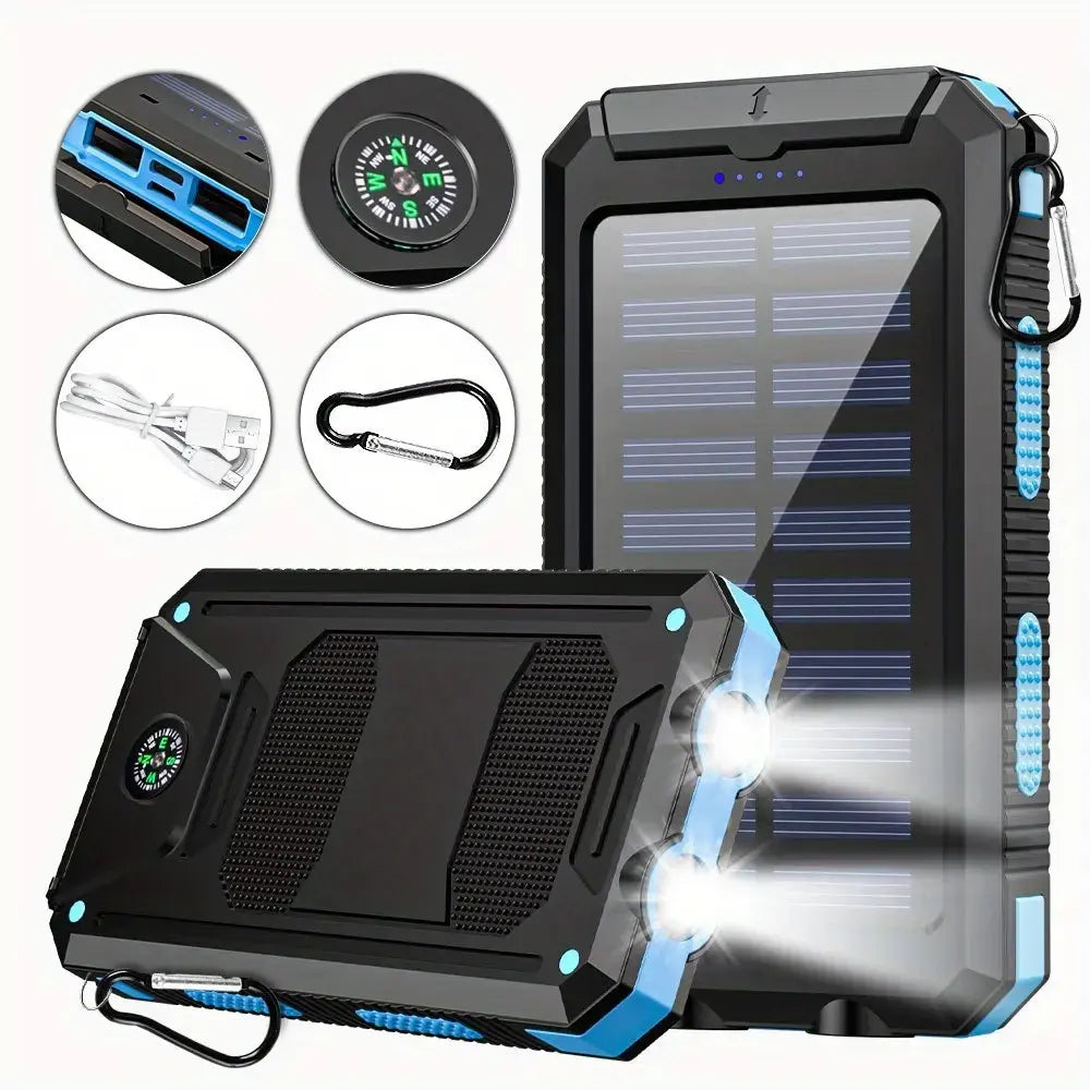 10000Mah Compact Durable Solar Power Bank - Handy Digital Device Accessories, Multi-Use Portable Charger with Dual USB-A Outputs, Flashlight, Compass, Carabiner, Waterproof Tools and Gadgets for Outdoor Activities, Android Phones