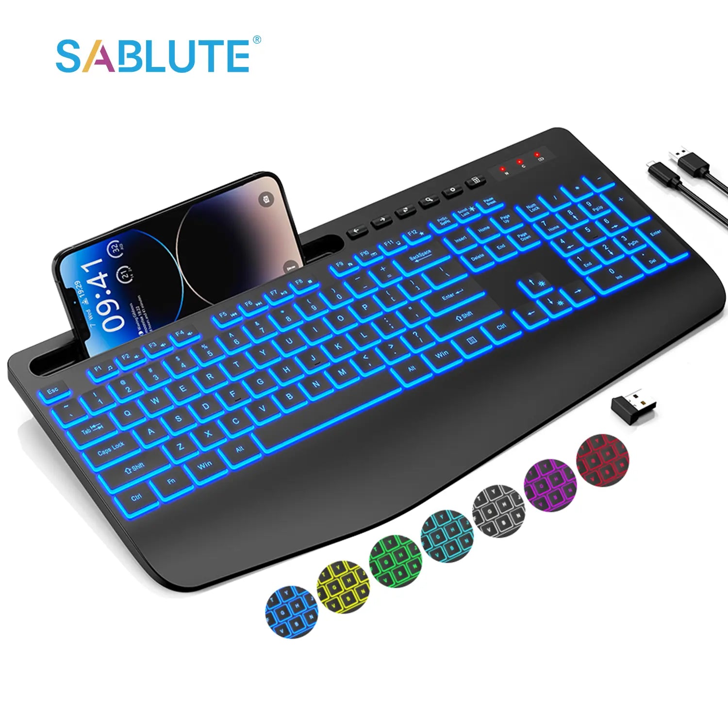 Ergonomic Wireless Keyboard with Rechargeable Battery, 7-Color Backlighting, Wrist Rest, and Phone Stand, Featuring Silent Light Keys