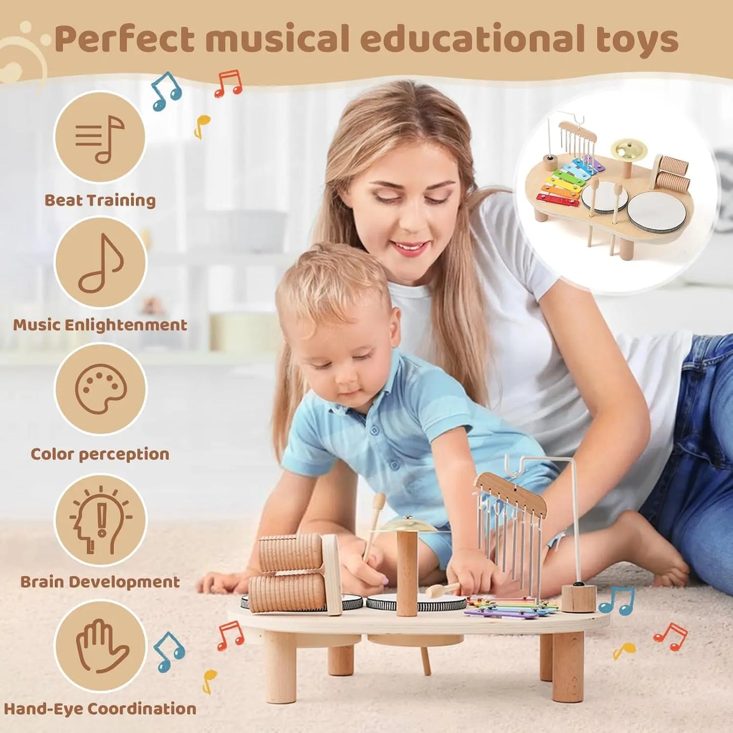 Deluxe Wooden Drum & Xylophone Toy Set for Toddlers - Fun Educational Musical Percussion for Kids Ages 1-3+