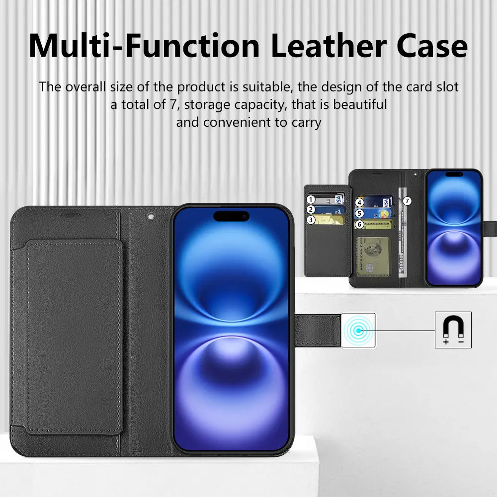 Premium Synthetic Leather Bi-Fold Wallet Case with Strap for Apple iPhone 16 - Stylish Credit Card Holder and Stand