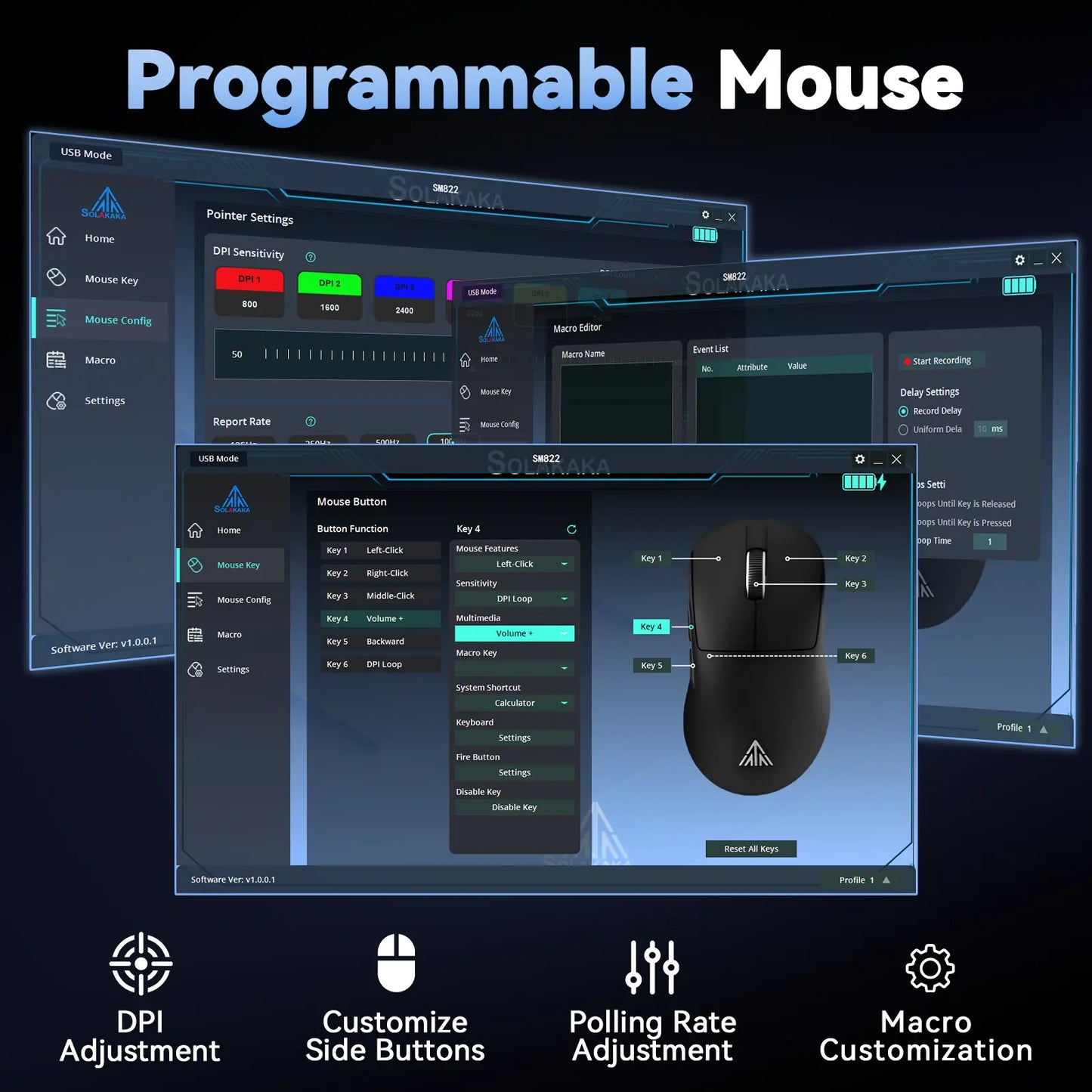 SOLAKAKA SM822 Tri-Mode Cable-Free Gaming Mouse with RGB Magnetic Rechargeable Base, 24000 DPI PAW3311 Sensor, 62G Ultra-Lightweight Tapered Waist Ergonomic Design, Customizable RGB Lighting, Programmable Buttons, Built-In Battery for PC Gamers, Tapered W