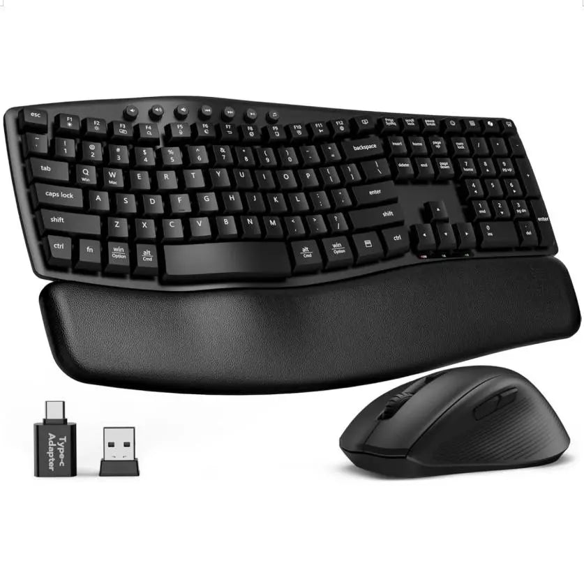 Wireless Keyboard and Mouse Combo, SABLUTE MA41 30Db Quiet Ergonomic Wave Keyboard Set with Soft Leather Palm Rest, Dual-System Switch for Windows/Mac, Ideal for Business Teams Home Office,Back to School,Back to School Haul