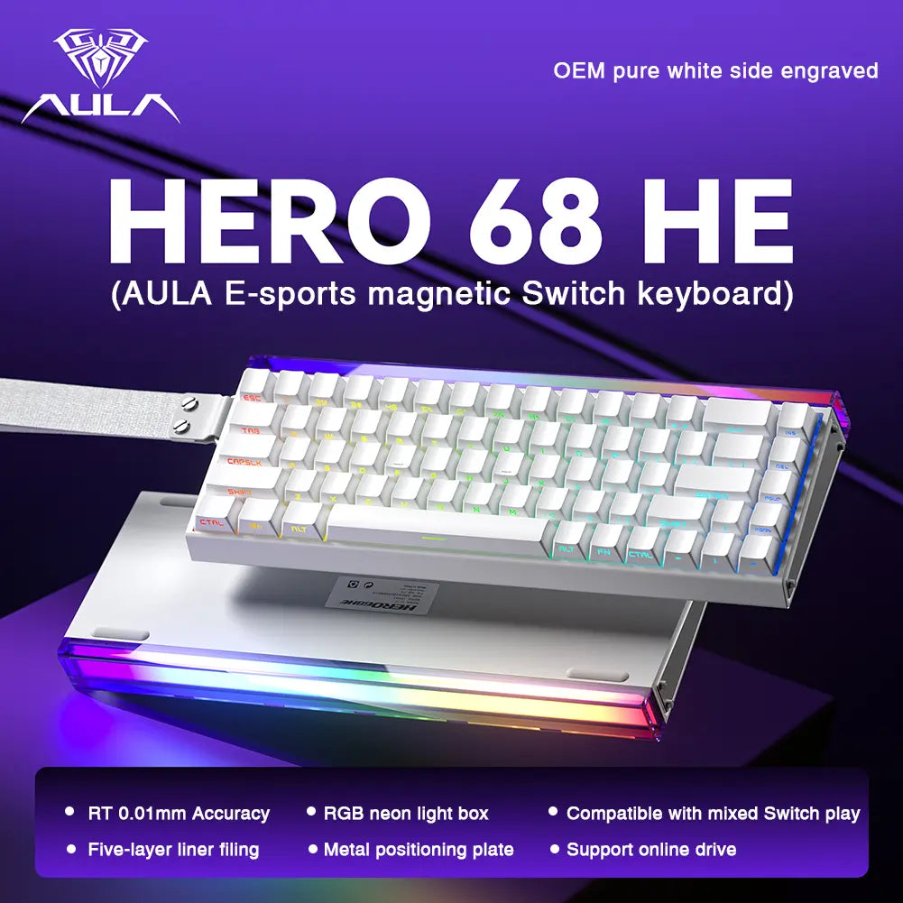 [New]Aula Hero 68 Wired Hall Effect Magnetic Switch Mechanical Gaming Keyboard, Tri-Mode Side Engraved Keycap 65% Layout,Rt 0.01, Extreme Response, RGB Backlit, Web Driver, 8K Returns, Hot Swappable E-Sport Gaming Accessories PC Accessories Computer Perip