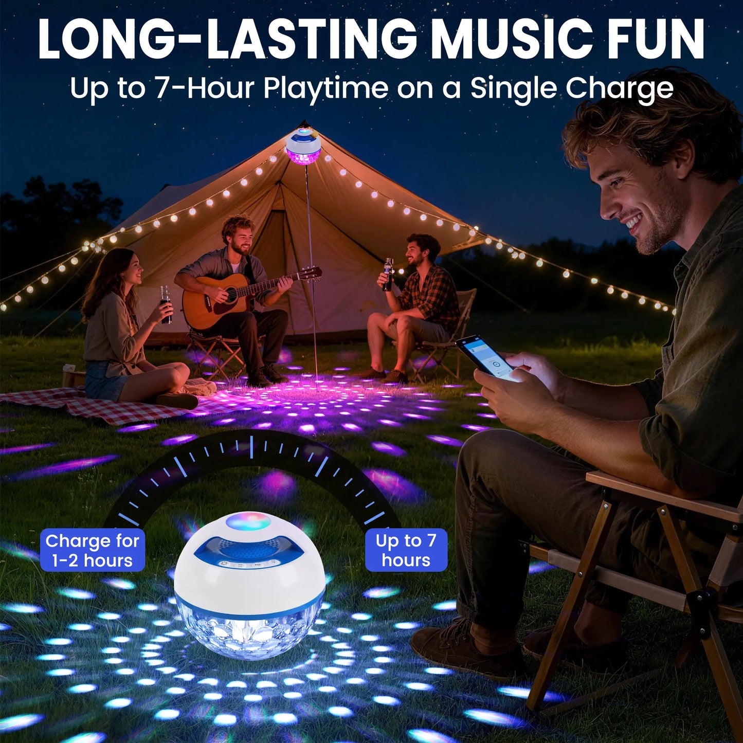 White 2-In-1 IP68 Waterproof Floating Bluetooth Speaker - Colorful LED Light, 360° Surround Stereo Audios, Hands-Free Portable Wireless Speaker with Charging & Connection Support for Pool, Hot Tub, Bass Speakers