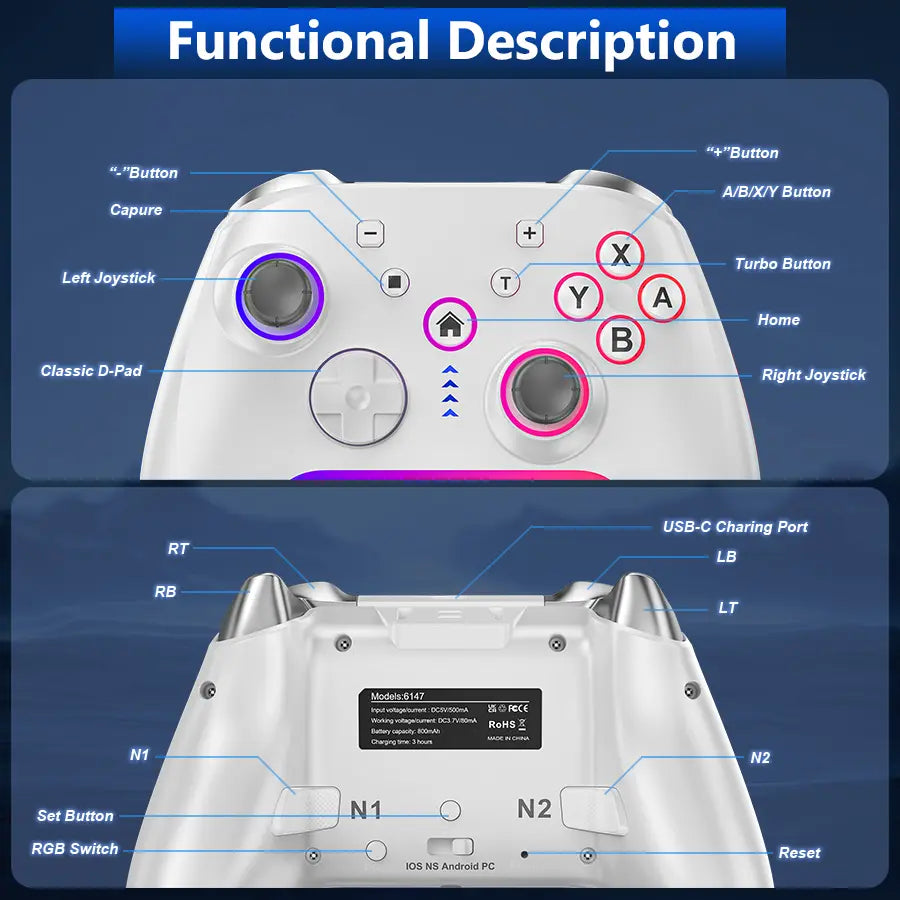 Wireless Pro Switch Controller for Switch 2/Switch/Lite/Oled,Replace for Switch Accessories Upgraded,Support PC Game Android/Ios with 7 RGB LED Lights,Built-In 800Mah Battery,Programmable, Effect Joystick.Adjustable Turbo Dual Vibration Function, Console