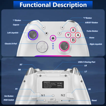 Wireless Pro Switch Controller for Switch 2/Switch/Lite/Oled,Replace for Switch Accessories Upgraded,Support PC Game Android/Ios with 7 RGB LED Lights,Built-In 800Mah Battery,Programmable, Effect Joystick.Adjustable Turbo Dual Vibration Function, Console