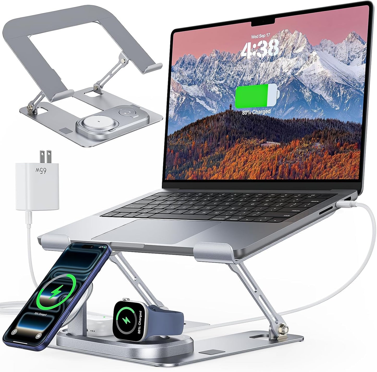 Laptop Stand with Wireless Charging Station Base, Foldable Aluminum Macbook Holder with Magsafe Charger for Iphone/Iwatch/Airpods, 30W USB-C Wired Charging for Laptop/Ipad, with 65W Adapter