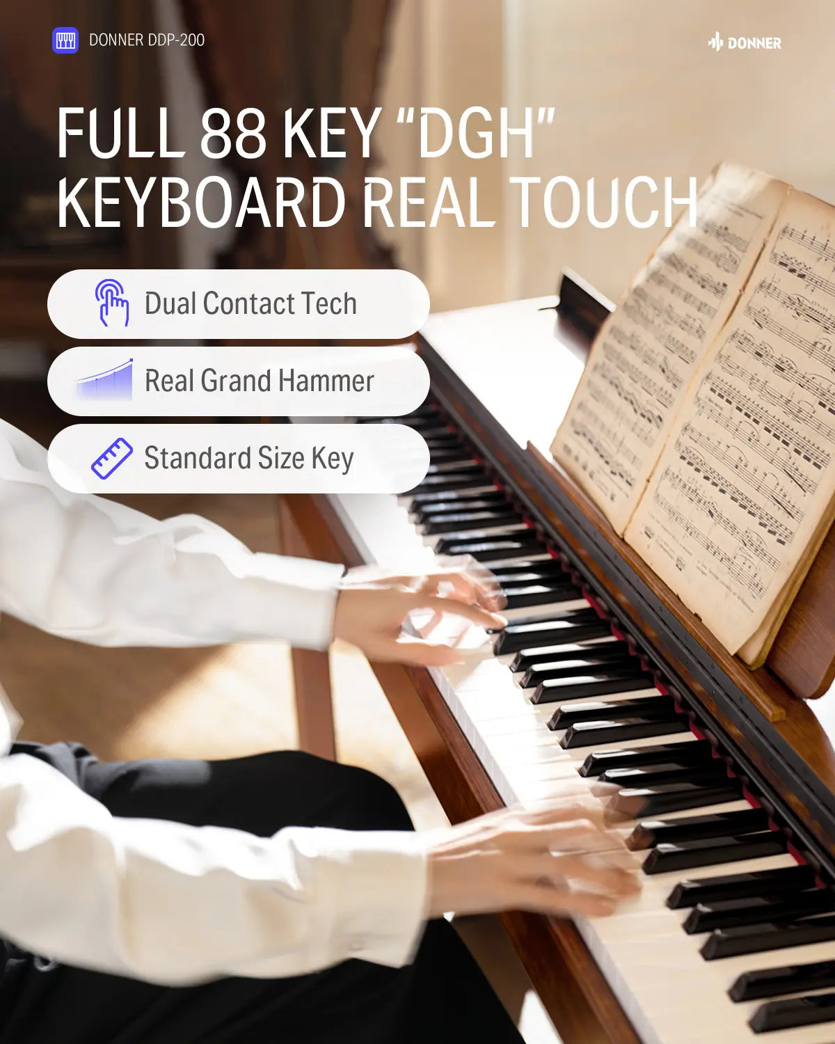 Donner DDP-200 Slim 88-Key Digital Piano - Professional Weighted Keyboard with LCD Screen & 12-Month Support