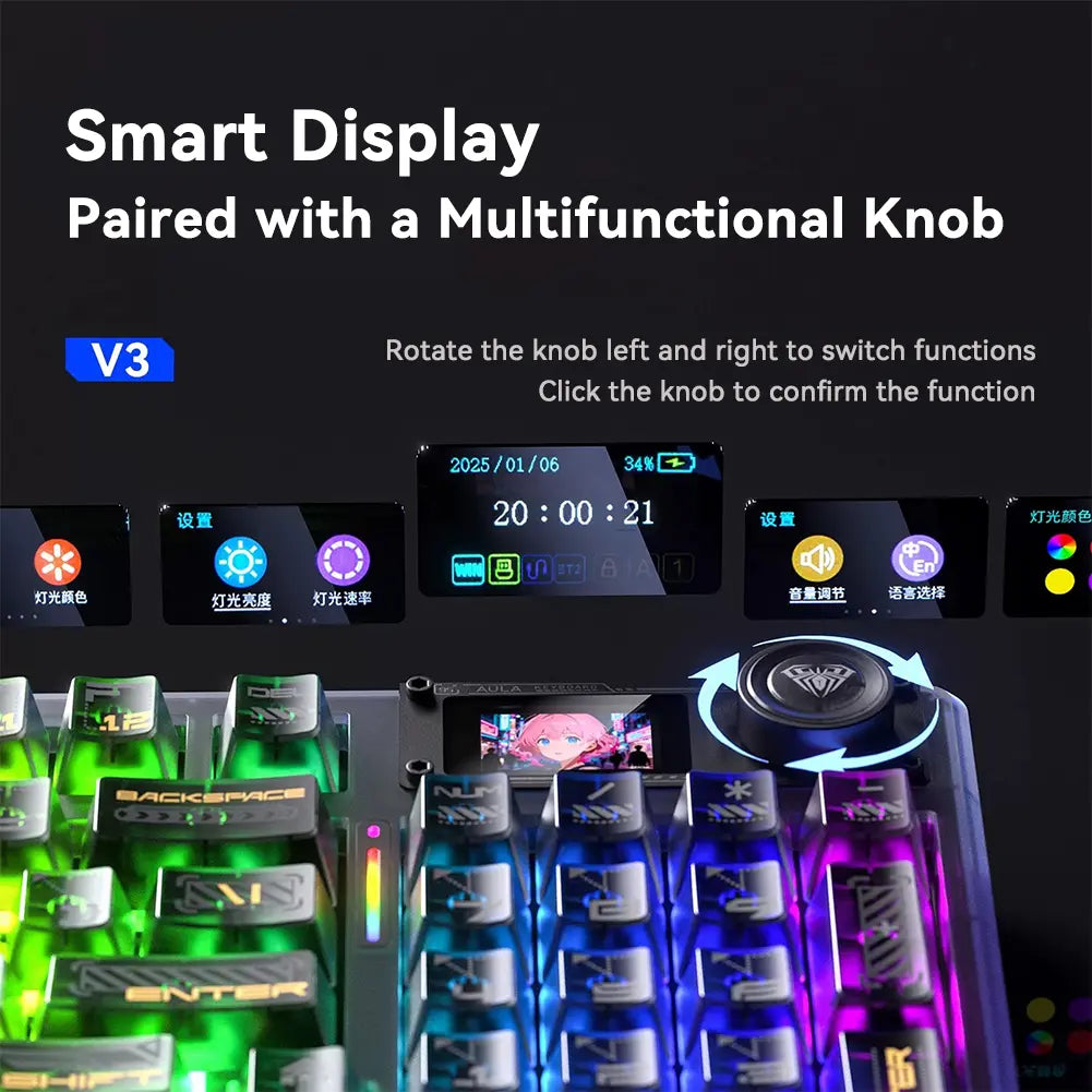 AULA F98 Pro V3 White Transparent Full-Size Illuminated RGB Backlighting Gaming Keyboard with Number Pad, 10000Mah Battery, TFT Smart Screen & Knob, Tri-Mode Bluetooth/2.4G/Usb-C, Hot Swappable Gasket, Wireless Mechanical, Keyboards, Gaming Keyboards