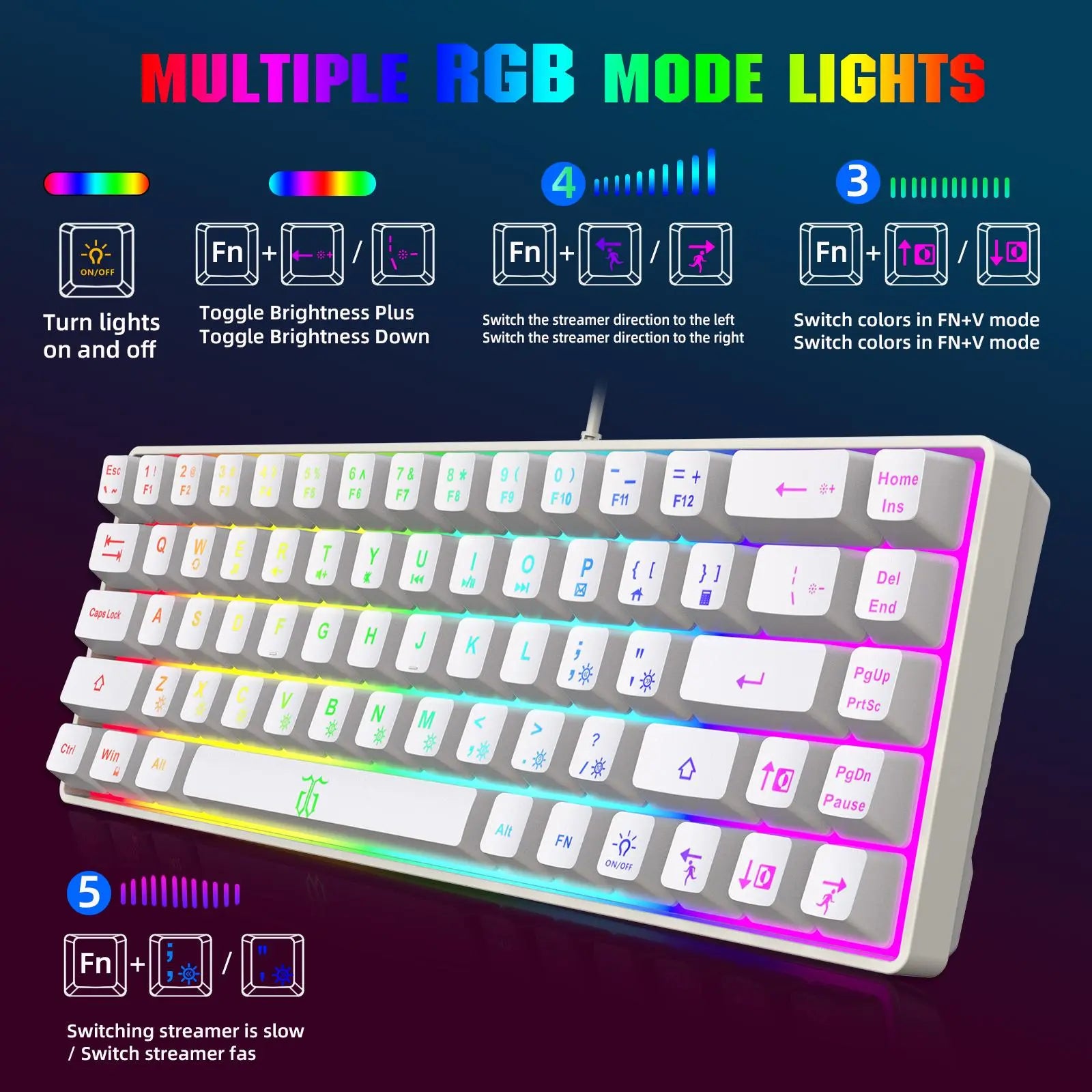 68 Keys 60% Gaming Keyboard, RGB Rainbow LED Backlit Mini Keyboard, Ergonomic Mechanical Feel Keyboard, Full Compatibility for Windows PC Laptop Compact