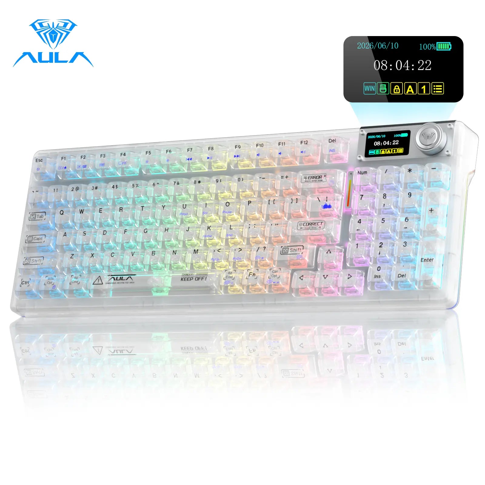 AULA F98 Pro V3 White Transparent Full-Size Illuminated RGB Backlighting Gaming Keyboard with Number Pad, 10000Mah Battery, TFT Smart Screen & Knob, Tri-Mode Bluetooth/2.4G/Usb-C, Hot Swappable Gasket, Wireless Mechanical, Keyboards, Gaming Keyboards