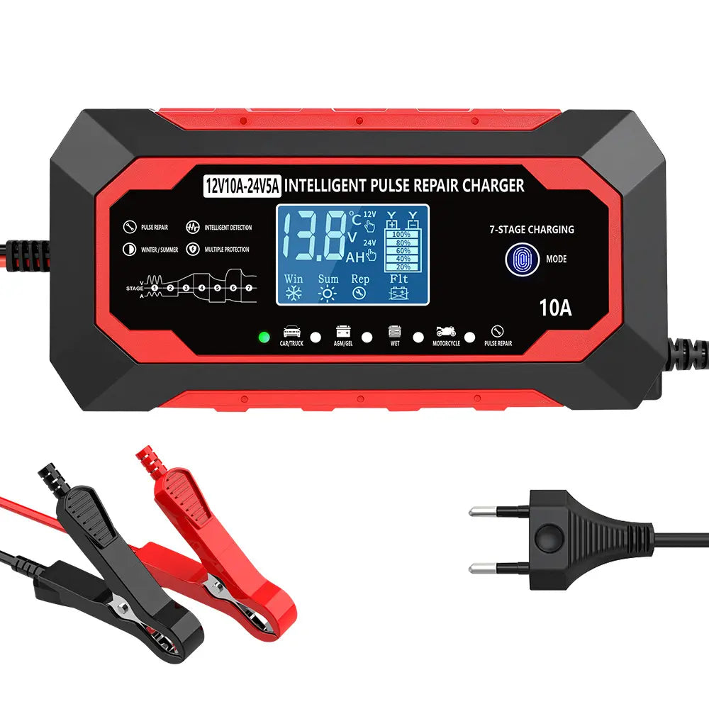 12V 10A-24V 5A Full Auto Fast Car Battery Charger - Intelligent Pulse Repair Replenisher with LCD Screen, Multifunctional for Cars, Trucks, Marine Batteries