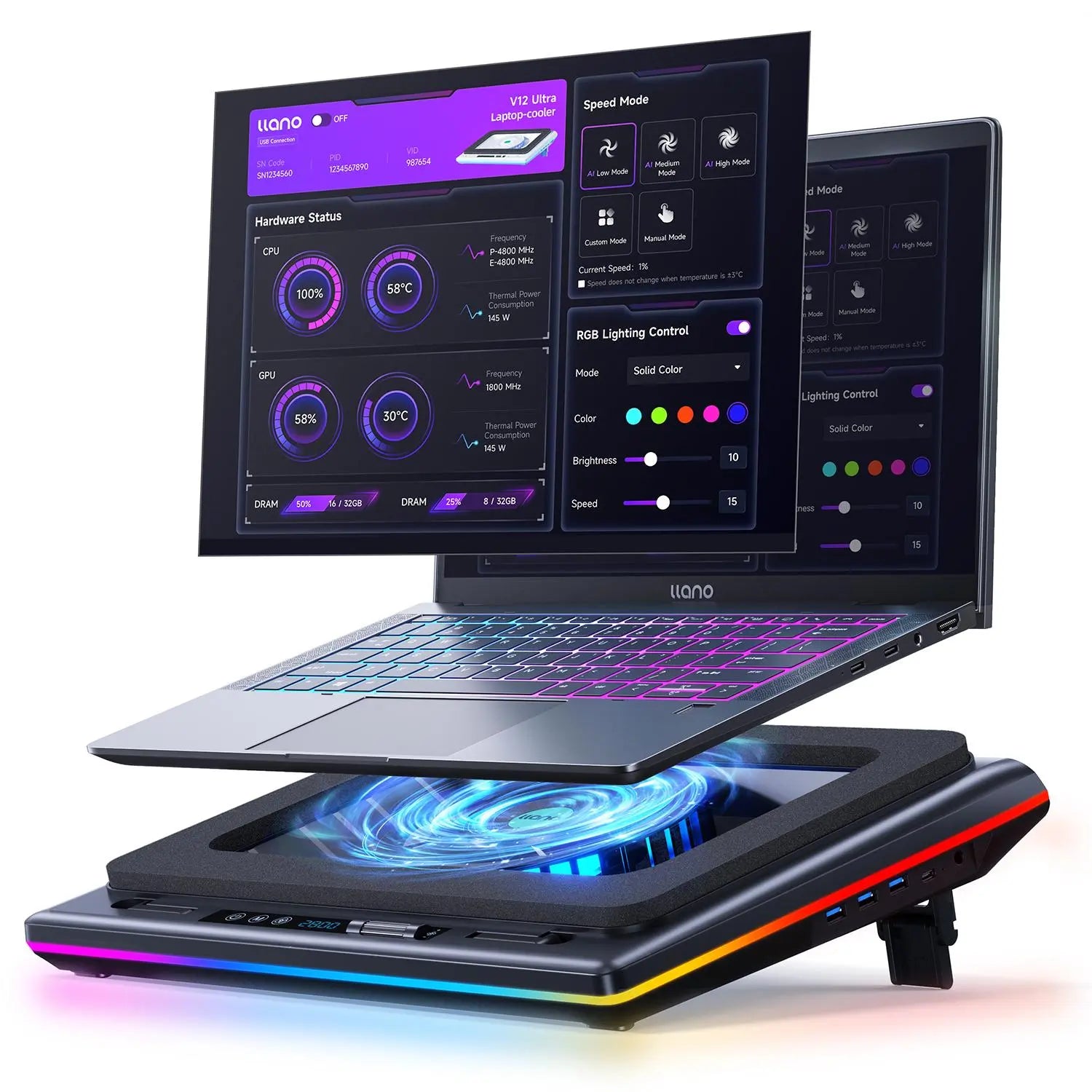 Dealsforyoudays Llano V12 Ultra Laptop Cooling Pad with Smart Software Control, RGB Gaming Laptop Fan Cooler Stand, 5.5" Turbo Fan, Adjustable Speed, 3*USB 3.0 Ports, 3 Height Stands, for 15.6"-21" Laptops Tiktokshopbacktoschool